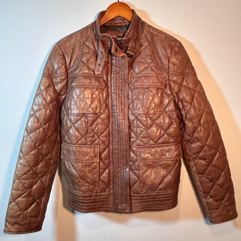 Eddie Bauer Brown Lamb Leather Goose Down Quilted Moto Bomber Jacket Size L